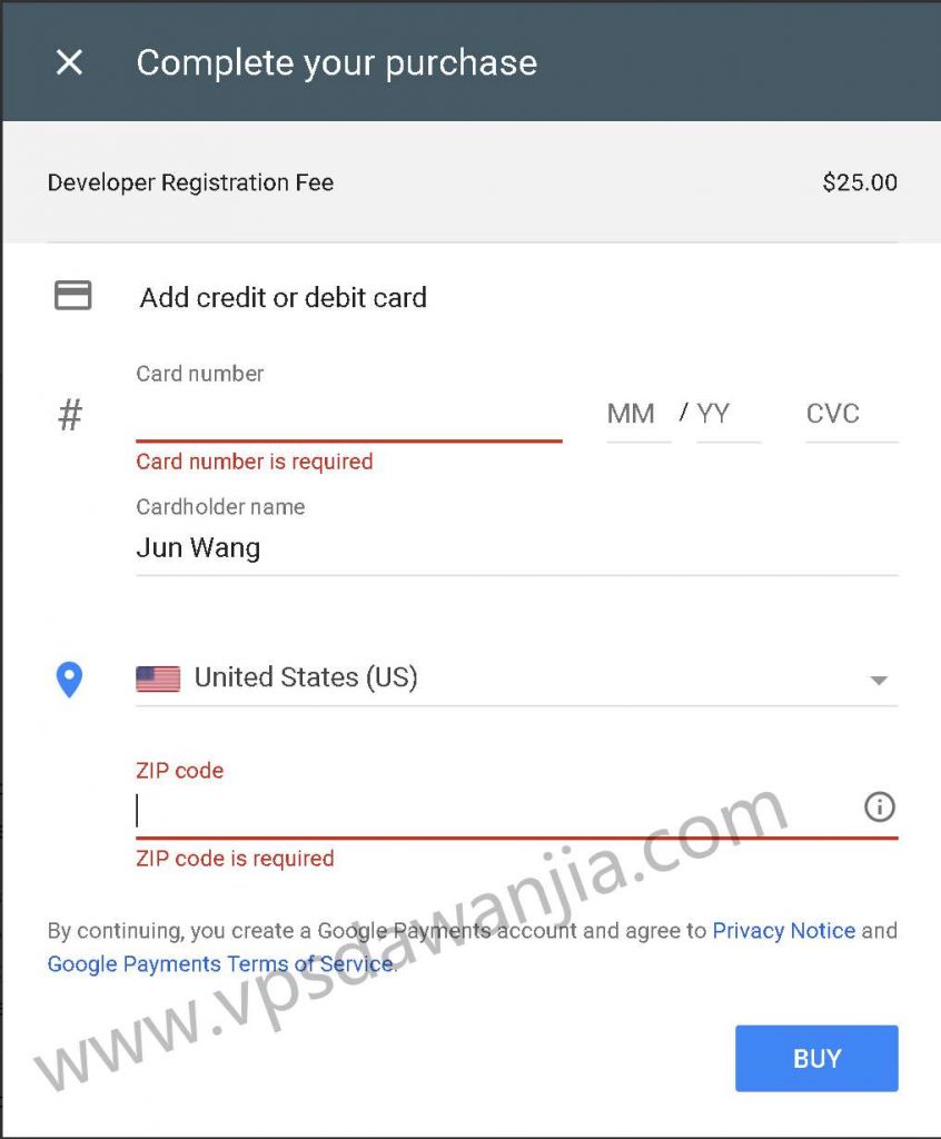 Google Play开发者帐号支付界面